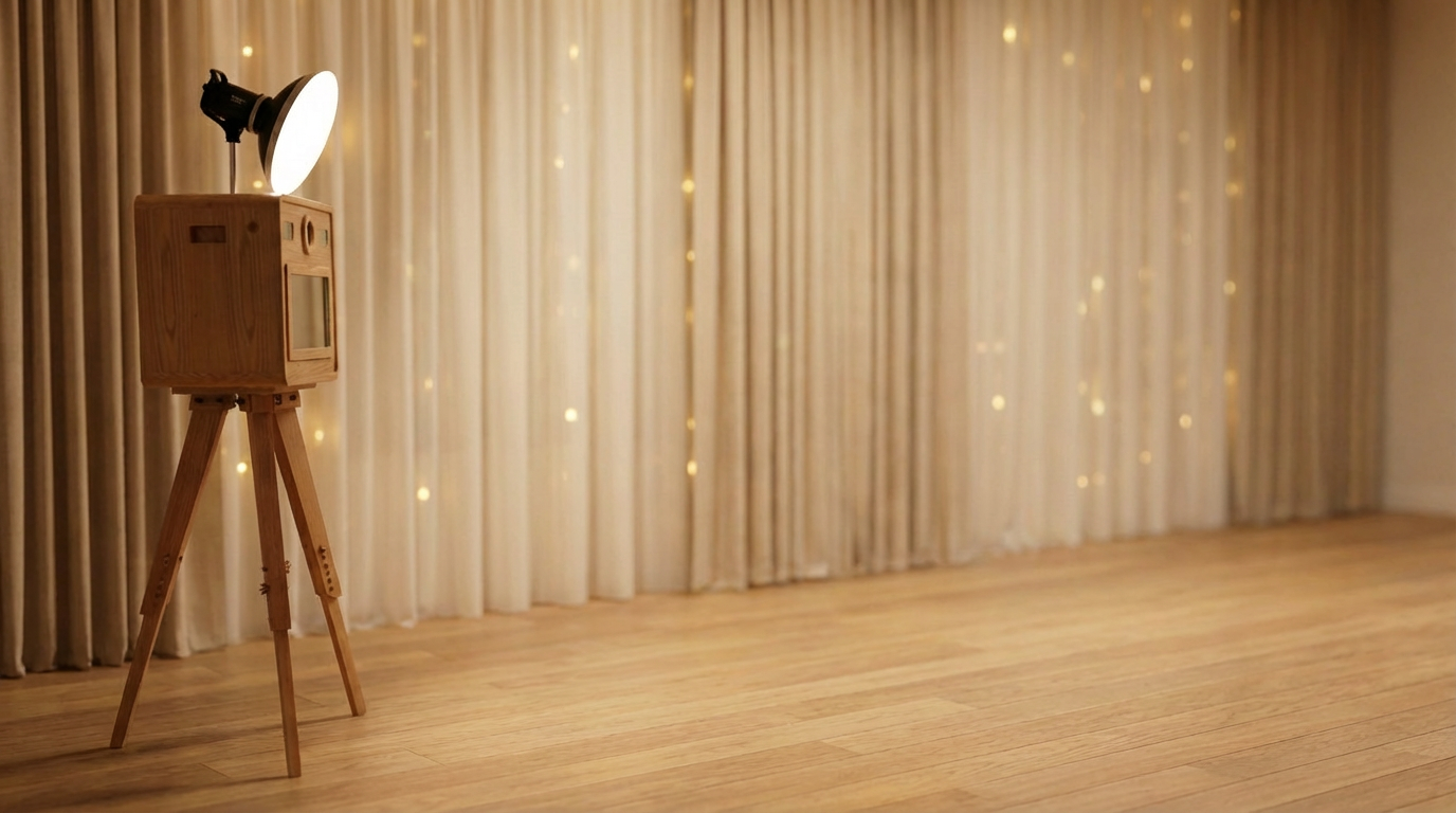 Photobooth ACParty dans un décor élégant avec rideaux et guirlandes lumineuses